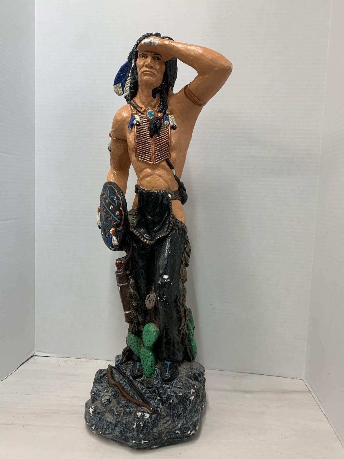 VTG Handpainted Ceramic 26” Tall Indian Warrior Statue Original Chippy Condition