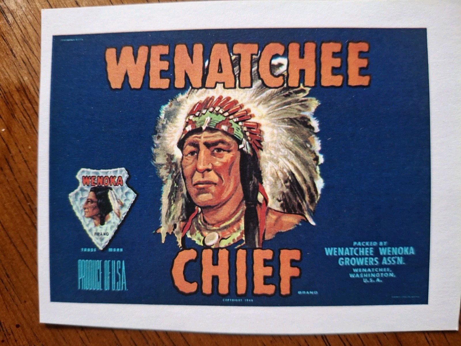 Vintage WENATCHEE CHIEF Indian APPLE FRUIT CRATE Citrus Box Label Reproduction