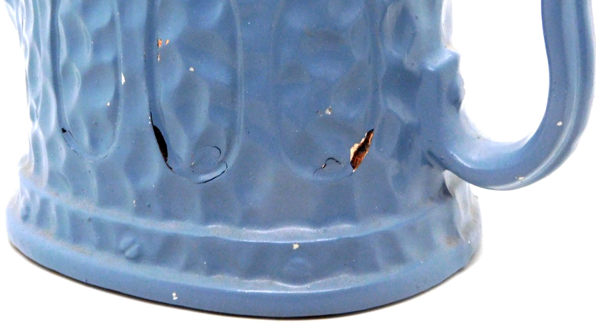 Pitcher Made Japan Copper Painted Blue 4.5 In Tall 7.5 In From Spout To Handle
