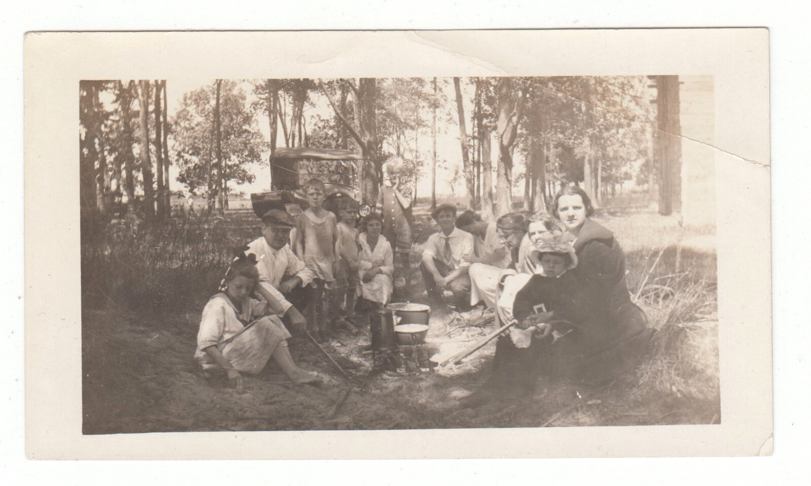 Vintage 1920s Photo Family Cookout Picnic Women Men Children Old Car Automobile