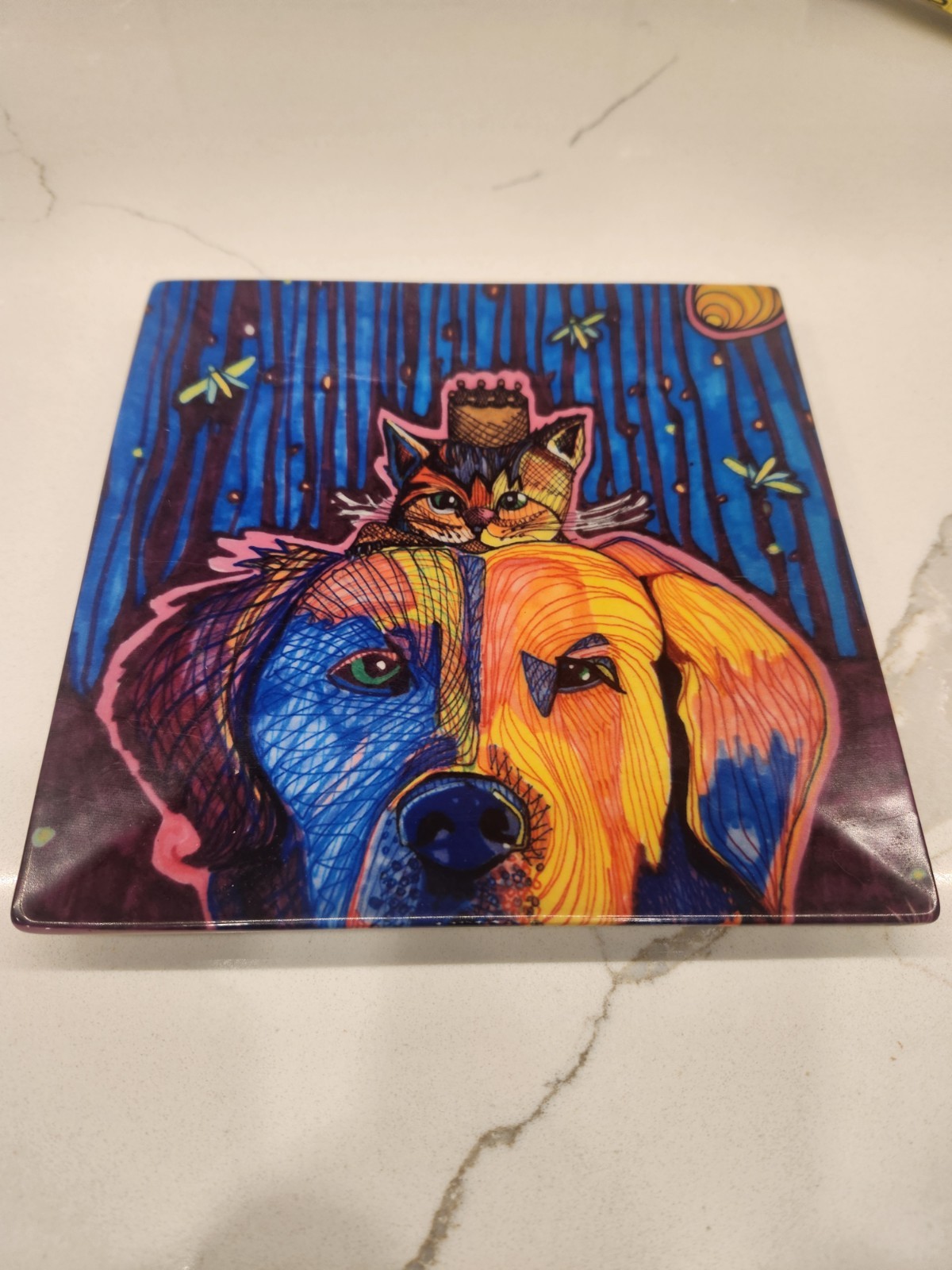 Solveig Studios Hand Painted Made In USA Colorful Cat And Dog 7×7 Inch Plate