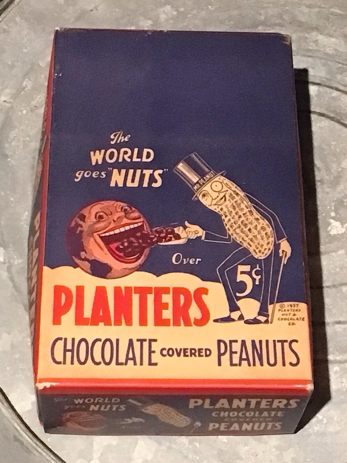 Planters Chocolate Covered Peanut Box Mr Peanut Feeding Hungry Globe Rare Box
