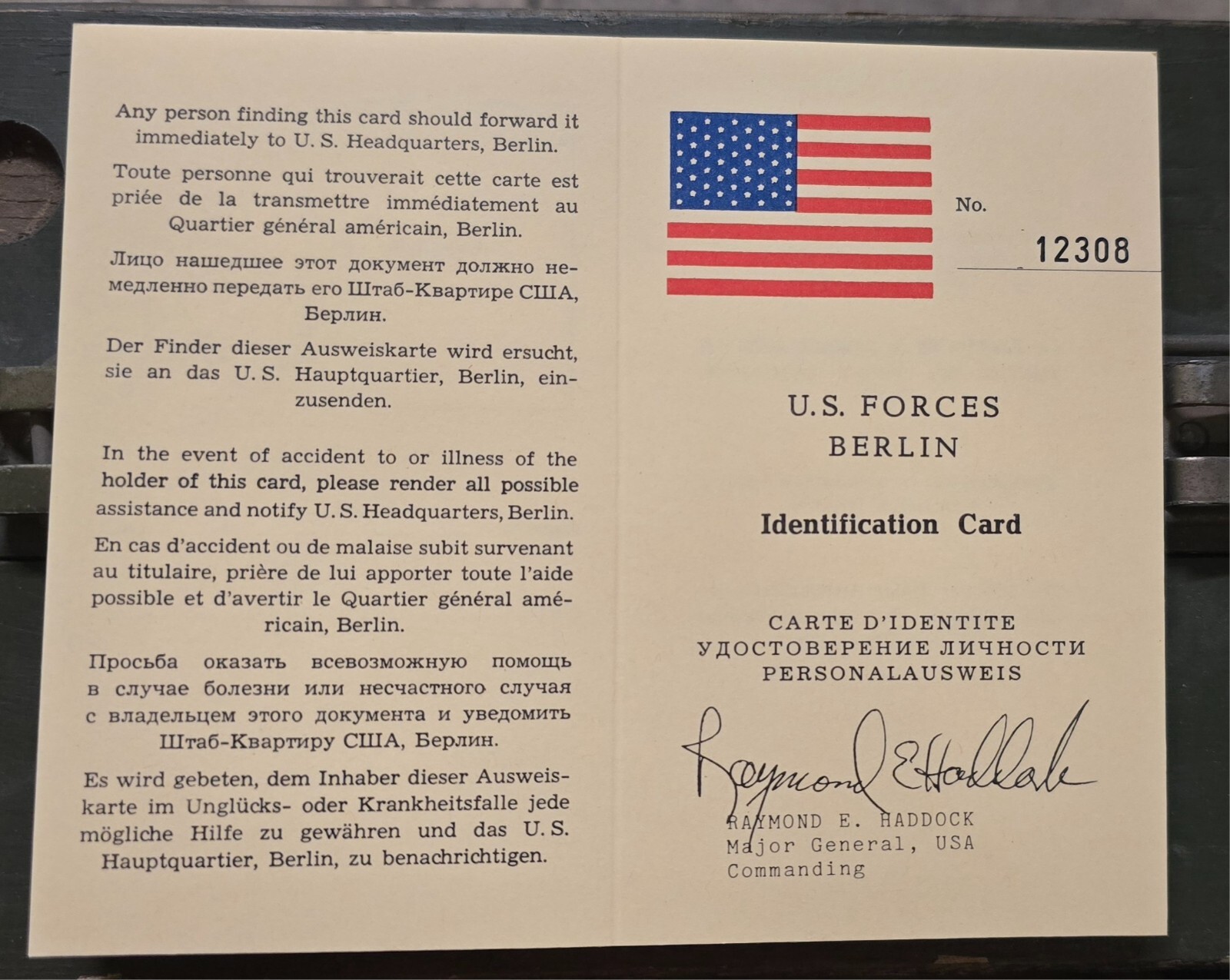 U.S. Forces Berlin Identification Card Vintage