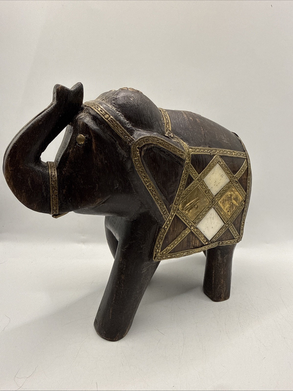 Vintage India Elephant Carved Wood with Stone Inlay and Brass Accents