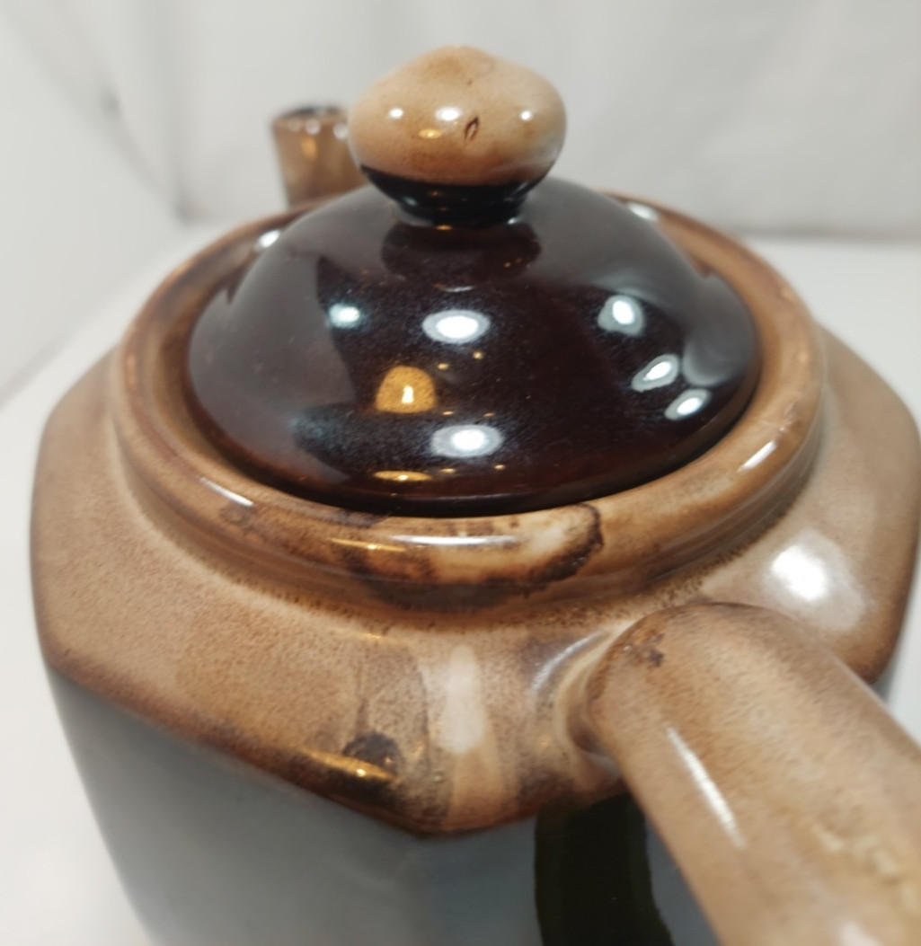 Vtg Brown Carmel Earthenware Drip Glaze Ceramic Octagonal Teapot w/Lid Taiwan