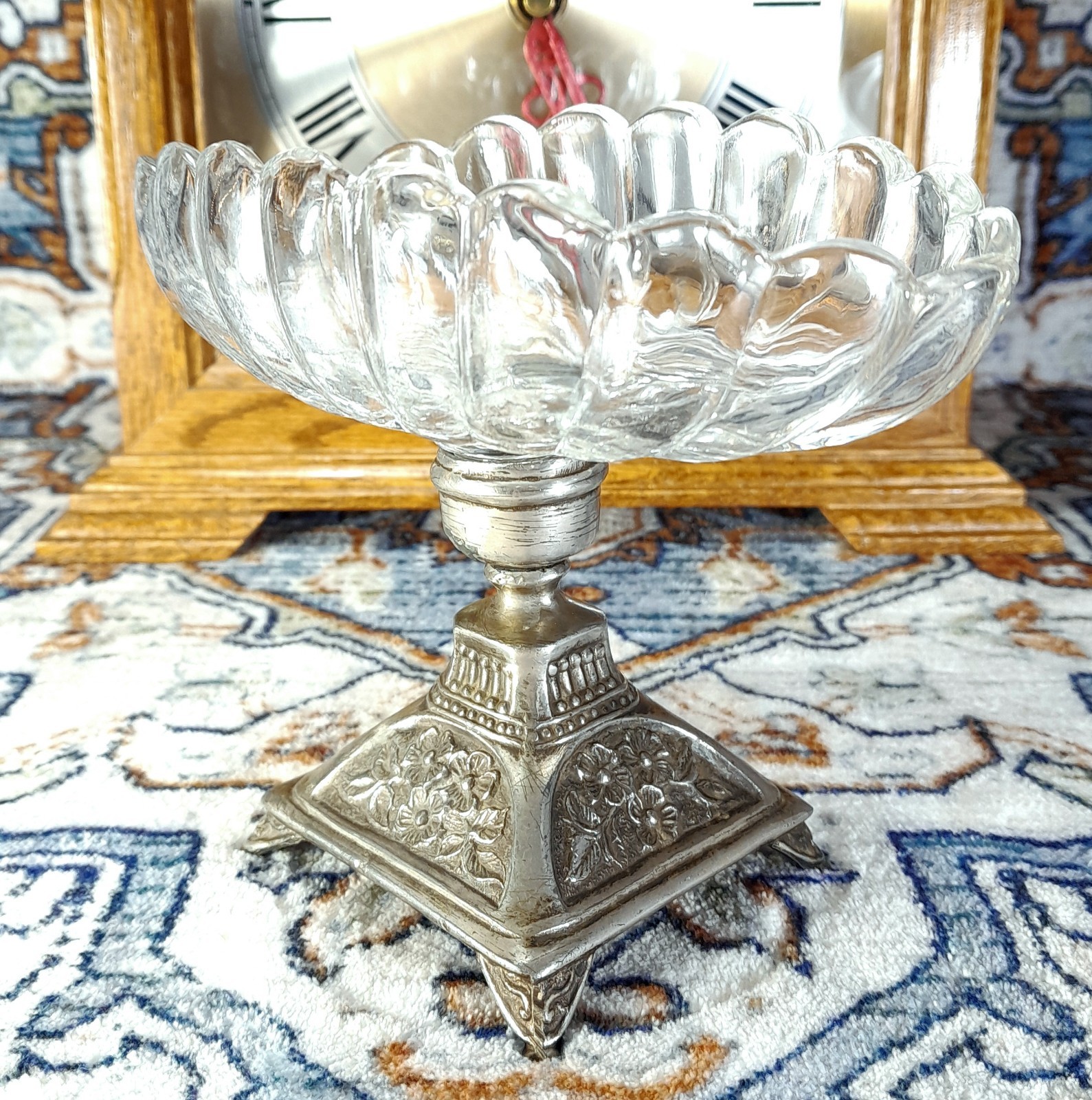 Antique Heavy Oval Cut Glass & Cast Metal Pedestal Compote Centerpiece Bowl