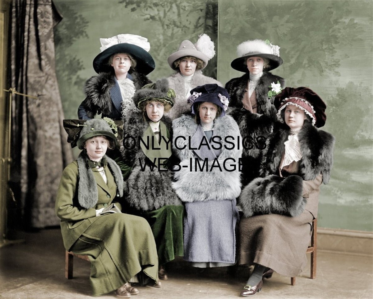1912 WOMEN IN HATS COLORIZED 8×10 PHOTO VICTORIAN DRESS FURS FASHION CUTE LADIES