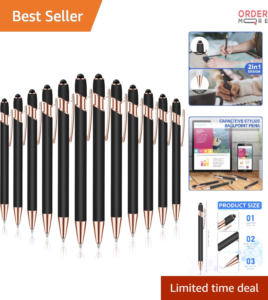 12 Pack Stylus Pen Aluminum 1.0mm Black Ink Touch Screen 2 in 1