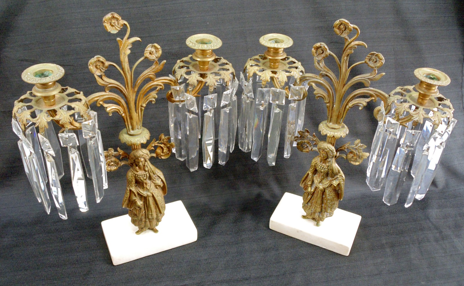 Vintage Figural Brass & Marble Candelabra Candlestick Holders w/Crystal Prisms