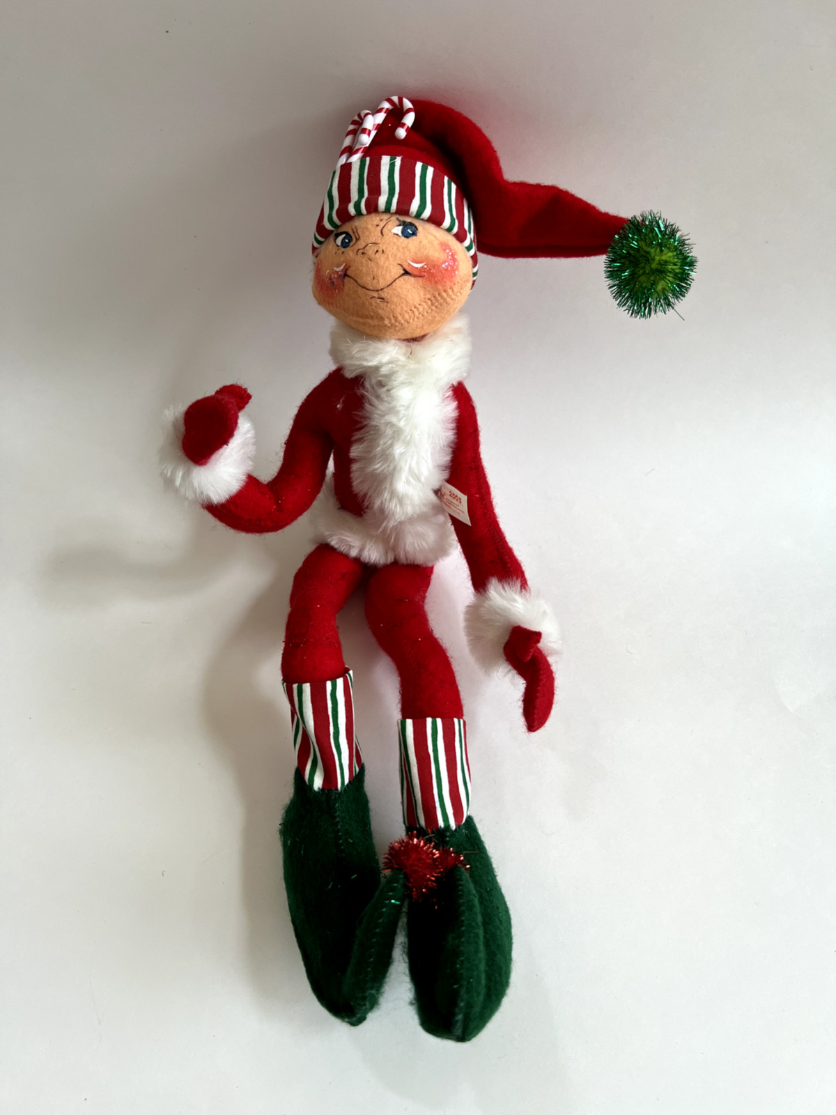 Annalee Candy Stripe Elf Posable Candy Cane Stripes 2005 Shelf Sitter 16″