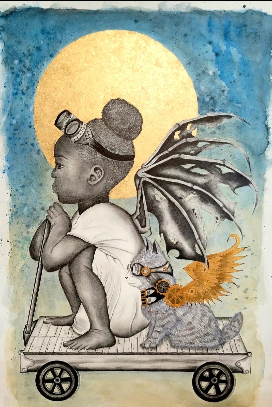 Artist signed postcard or print 5×7” fantasy child with cat and wings