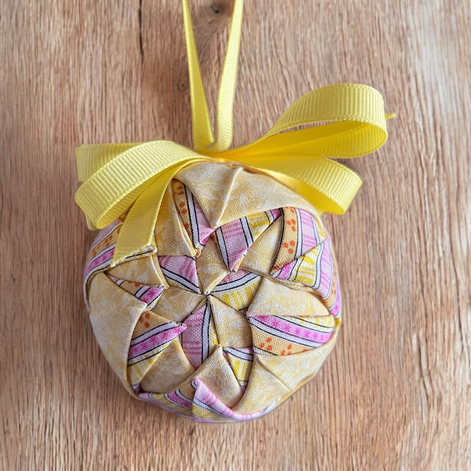 Handmade Quilted Folded Star 3″ Ball Ornament Yellow Pink Fabric Cottagecore