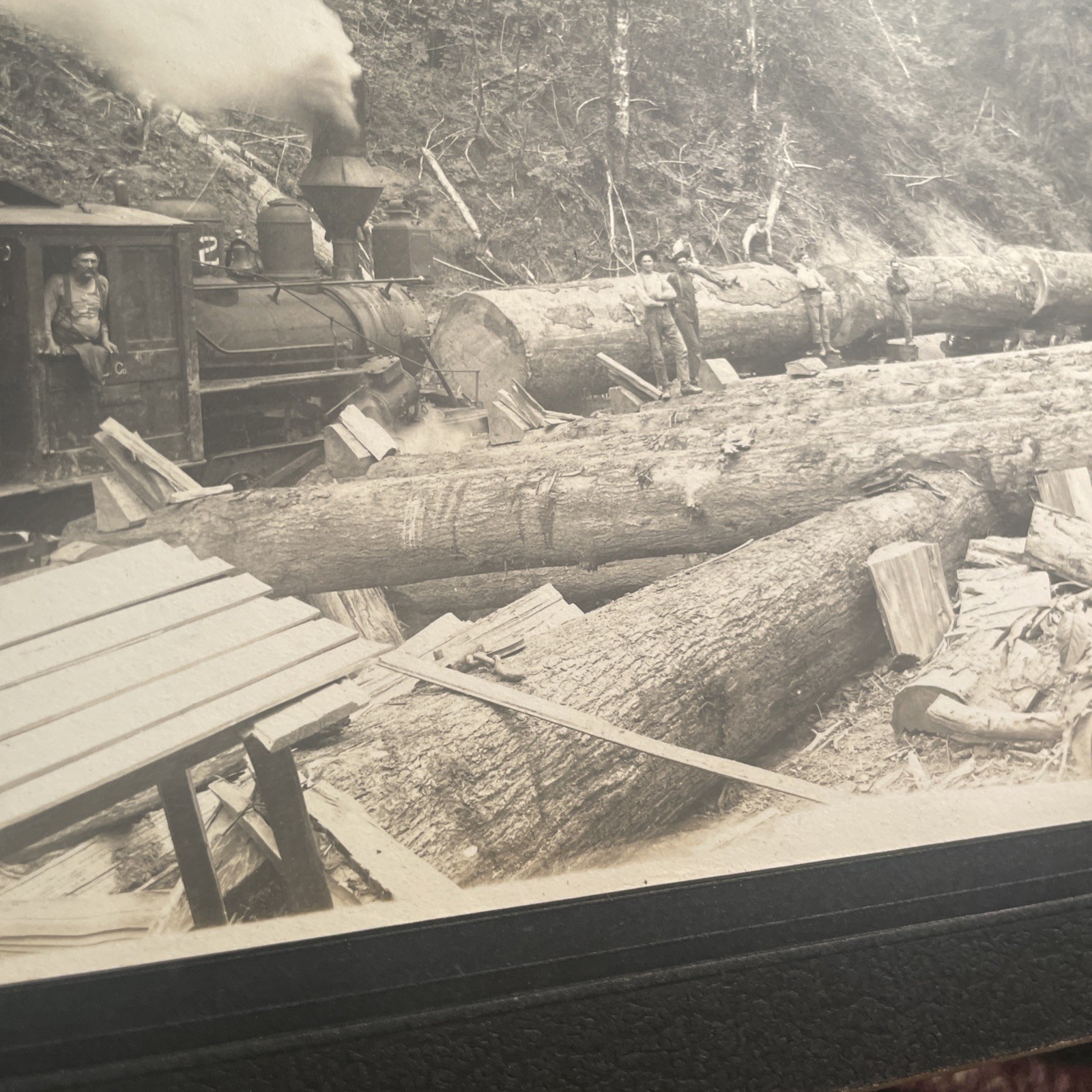 Antique PNW Logging Train Logging Camp, Billy Winters Engineer Photo On Board