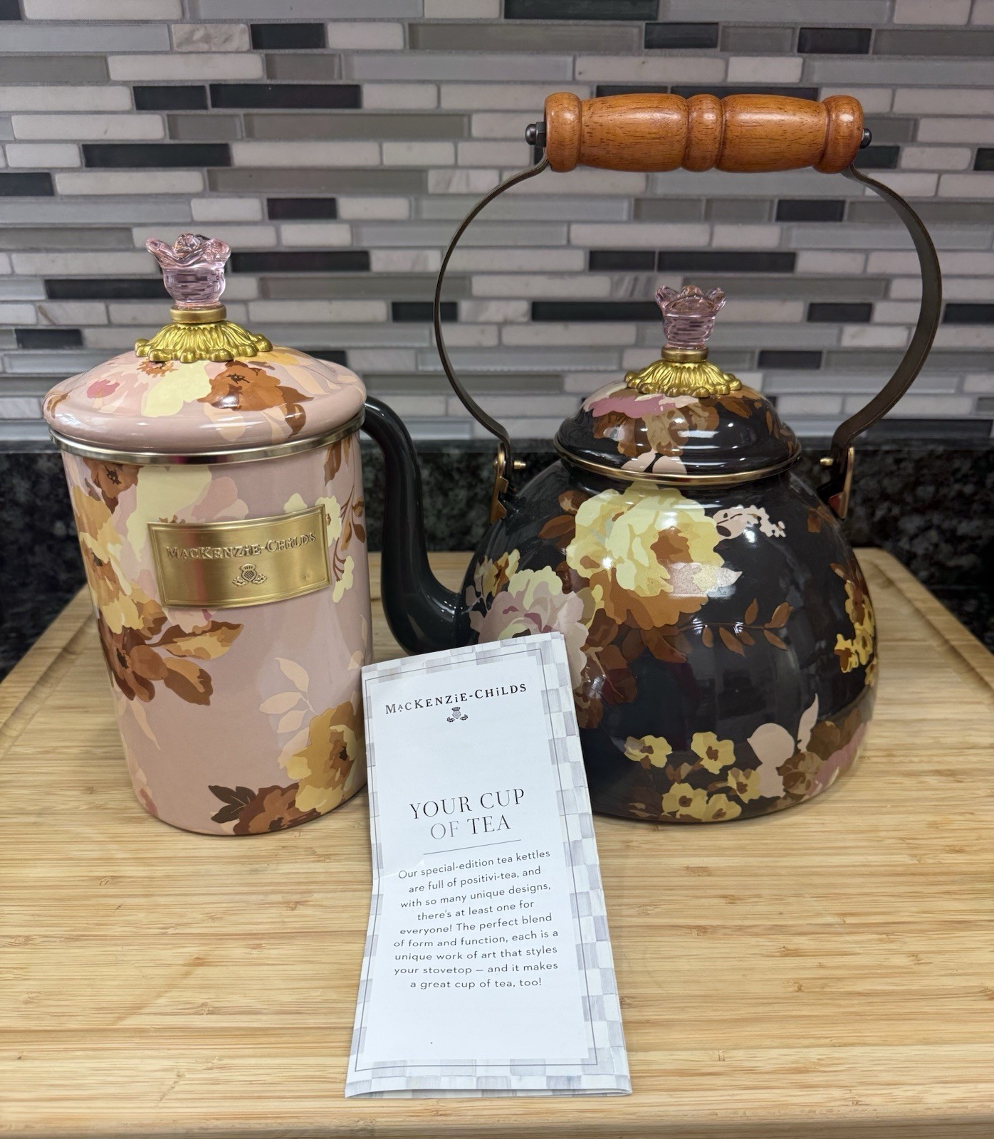 MacKenzie-Childs Wild Rose Mocha Tea Kettle 3qt /Med Wild Rose Canister New!