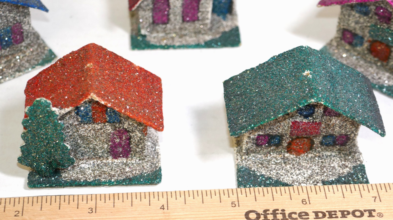 Set Of 5 Vintage Mini Putz Village Glitter Houses & Church-Japan Sticker