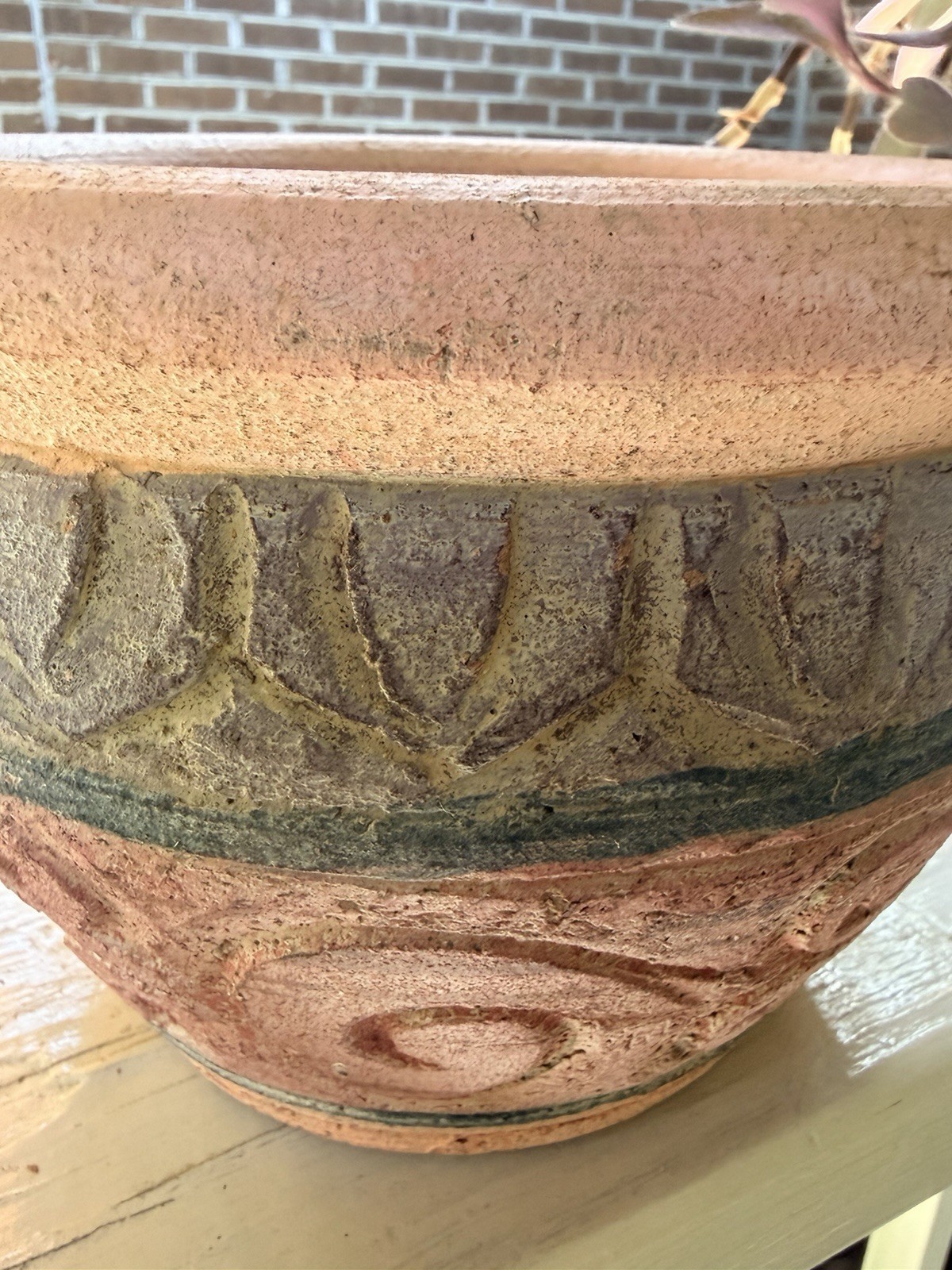 Rustic Carved & Soft Hues Matte Painted Clay 9×6.25” Thai Cachepot/No Drainage