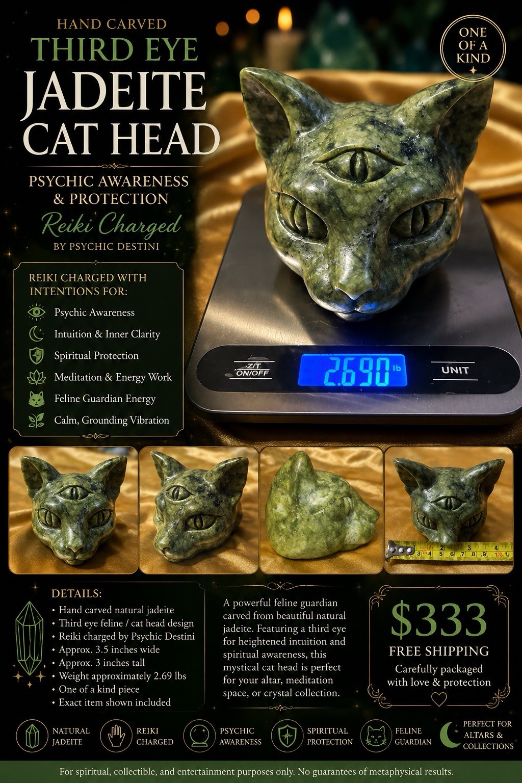 Third Eye Activation Cat Head Totem Familiar Reiki Charged Jadeite Hand Carved ✨