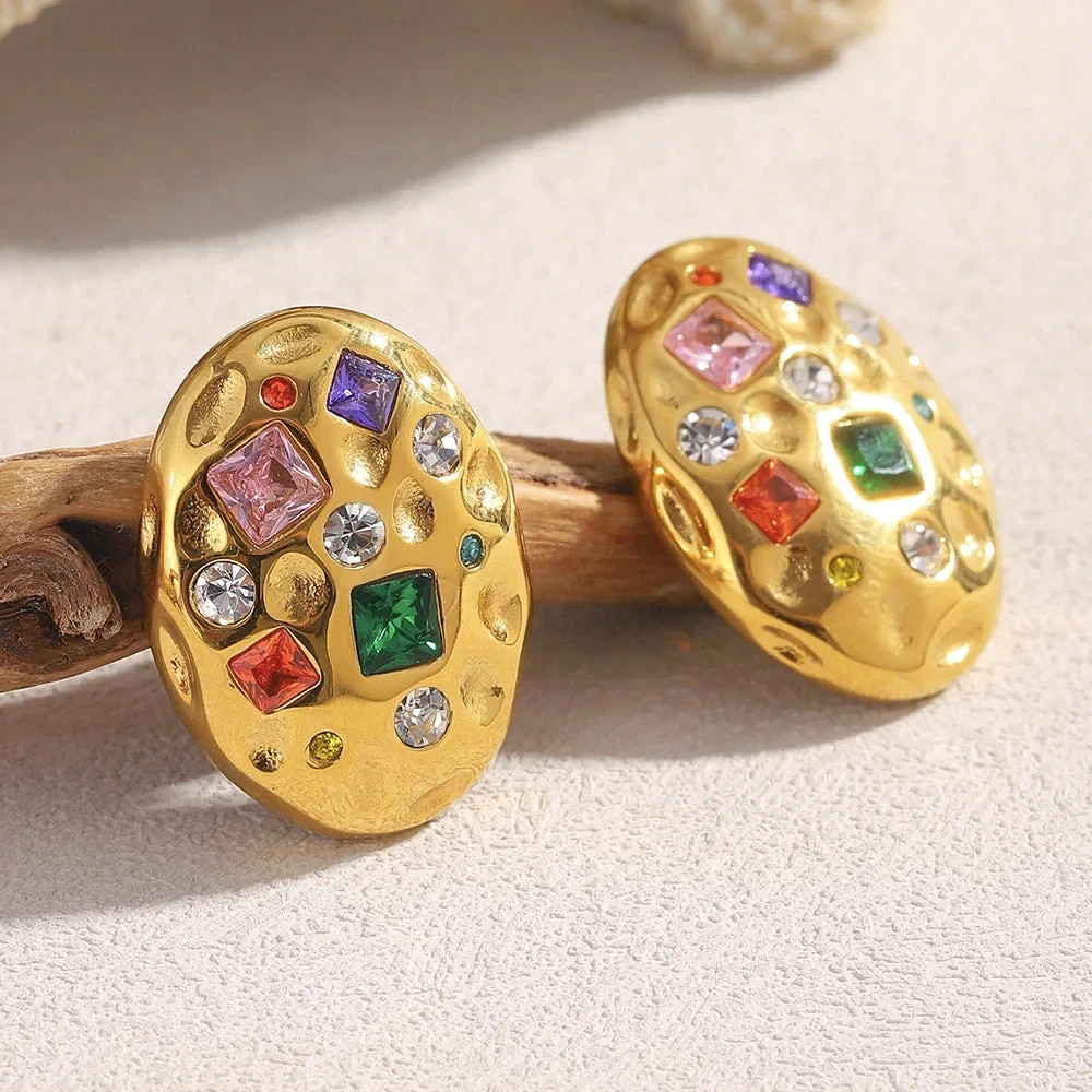 18K Yellow Gold Over Multi-Gemstone & Diamond Oval Stud Earrings Sz: 25.2mmx19mm