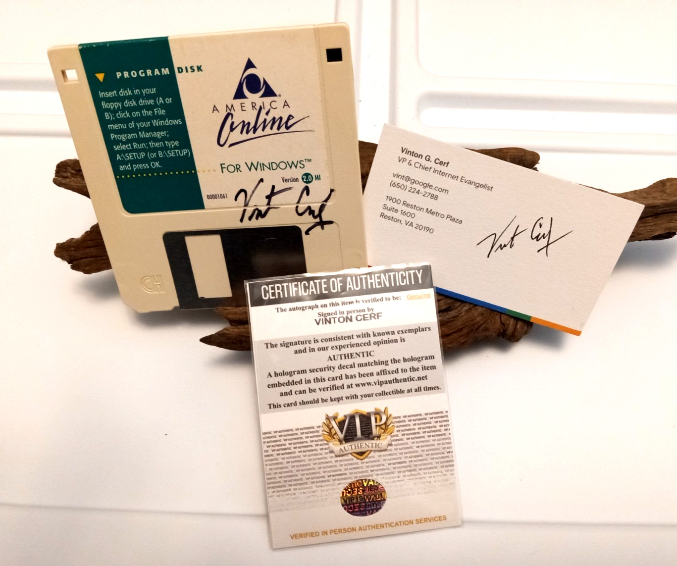 Vint Cerf Internet Founder signed AOL floppy disk and Google business card (201)