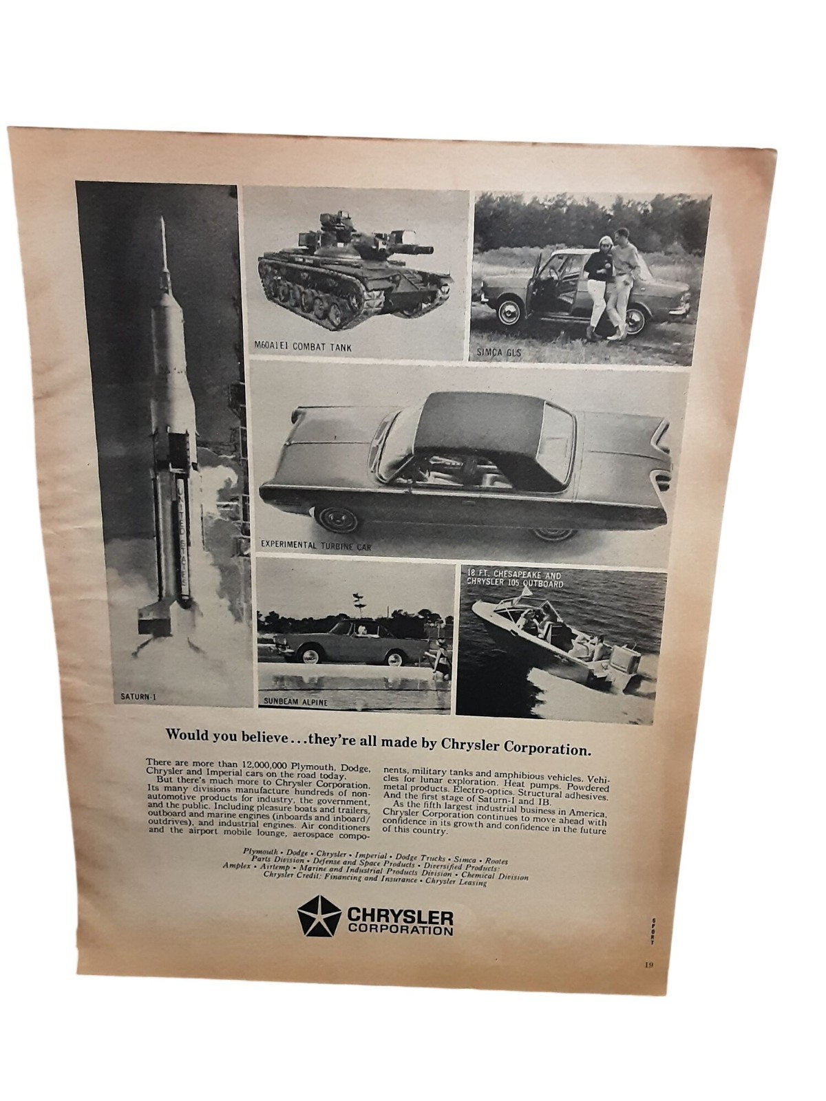 1967 Chrysler Corporation Saturn Rocket Tank Turbine Car Vintage Ad