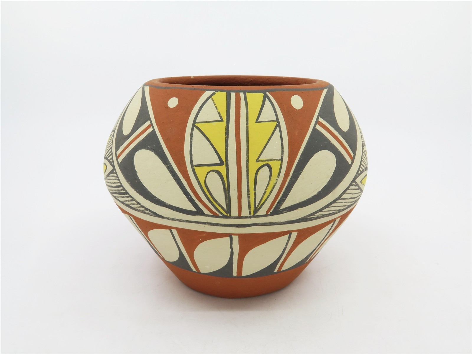 Signed Jemez Pueblo Polychrome Pottery – Yellow, Black, White, Red 5.25″ x 4.5″
