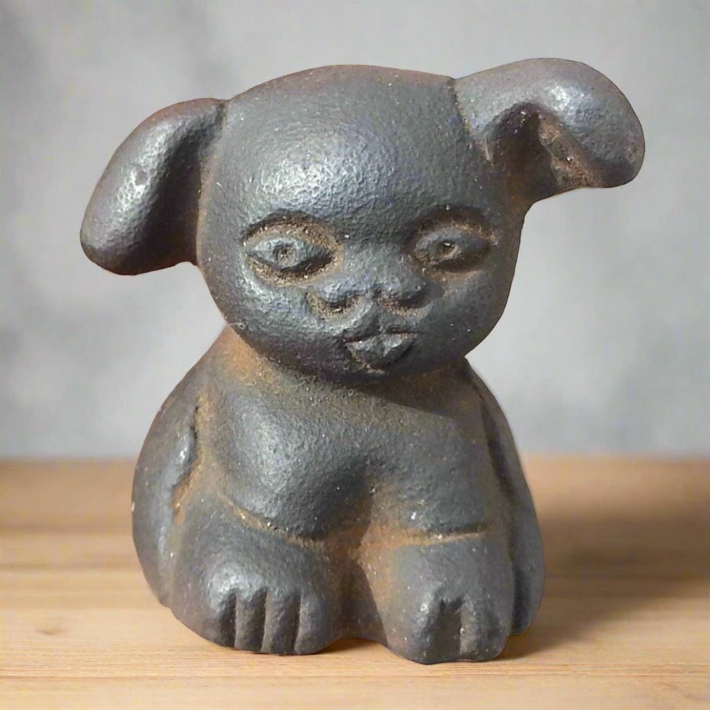 Griswold Pup Paperweight Cast Iron Raised Letters & Antique Finish (1.5″ Tall)