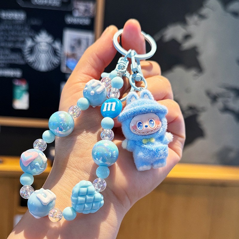 Cute Figure Doll Keychain with String of Beads Stand with Hat Bag Pendant Gifts