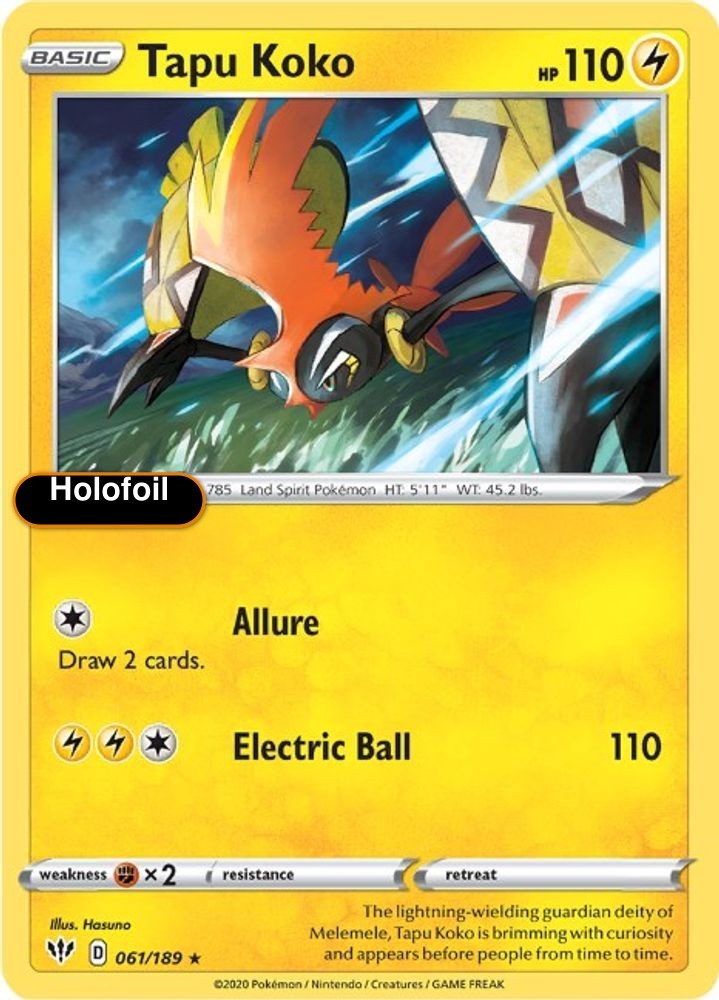 Pokemon Tapu Koko 061/189 SWSH03: Darkness Ablaze Holofoil