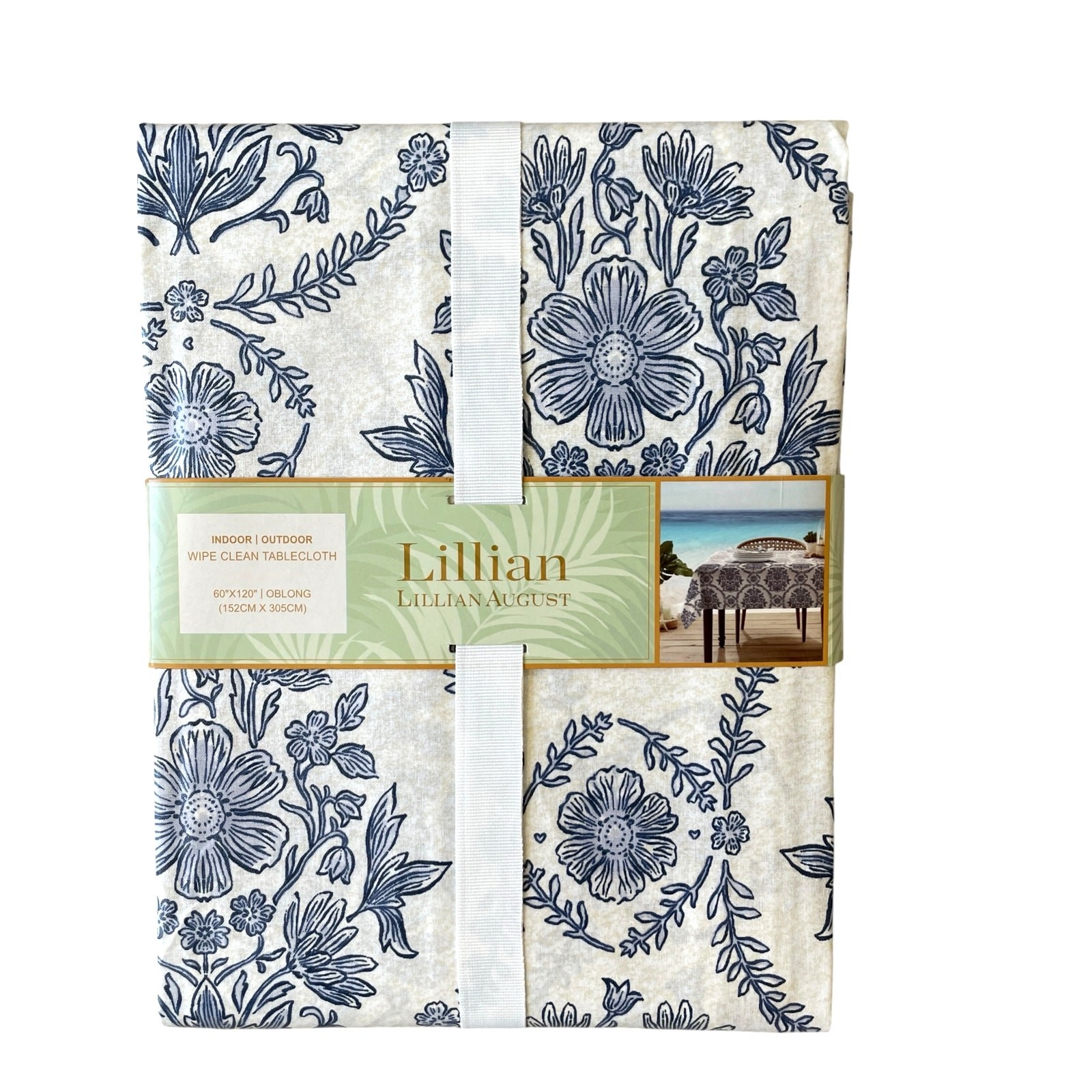 Lillian August Floral Easy Care Indoor Outdoor Tablecloth 60×120 Blue White NEW