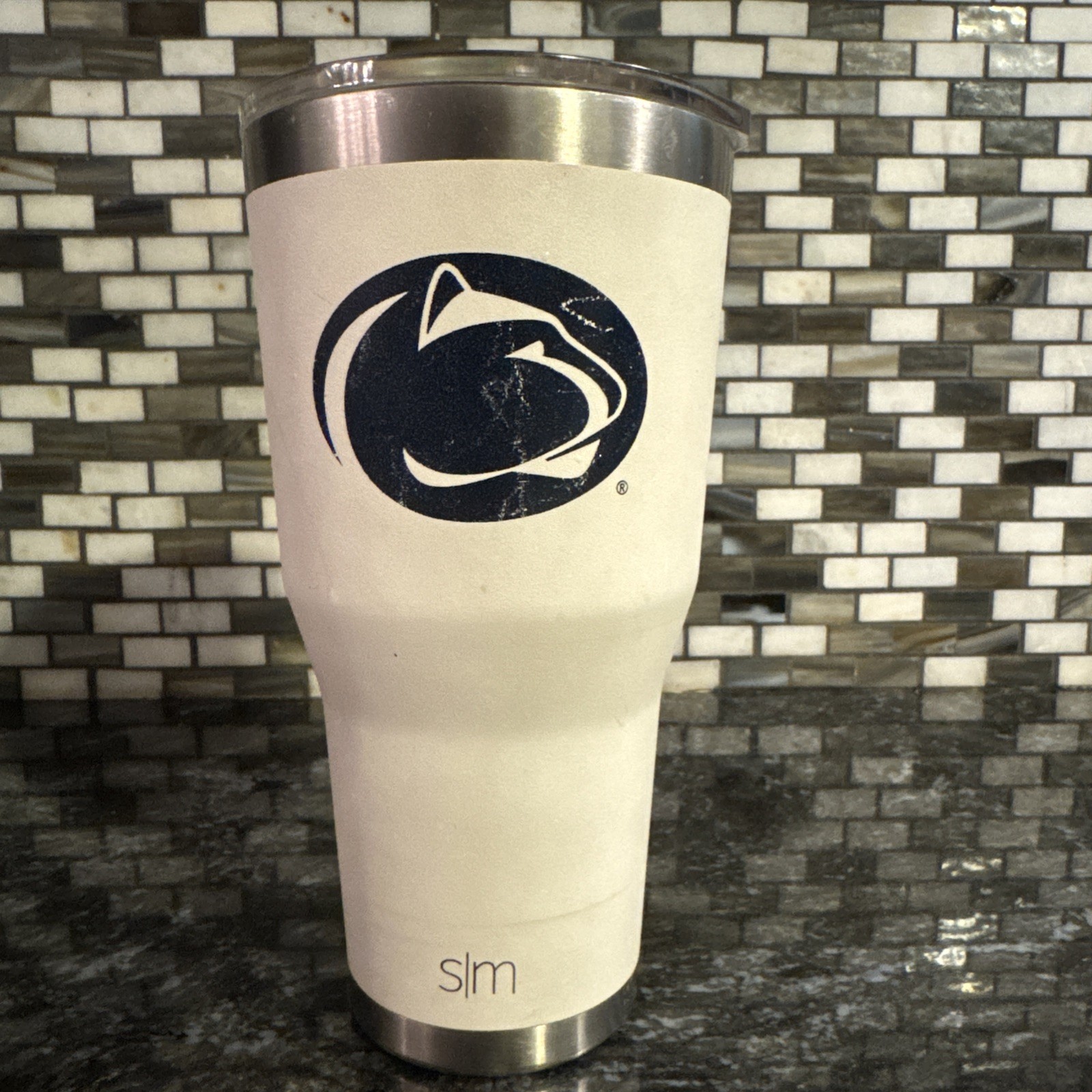 PSU white/navy Travel Tumbler simple modern. Hand wash only. 24oz.