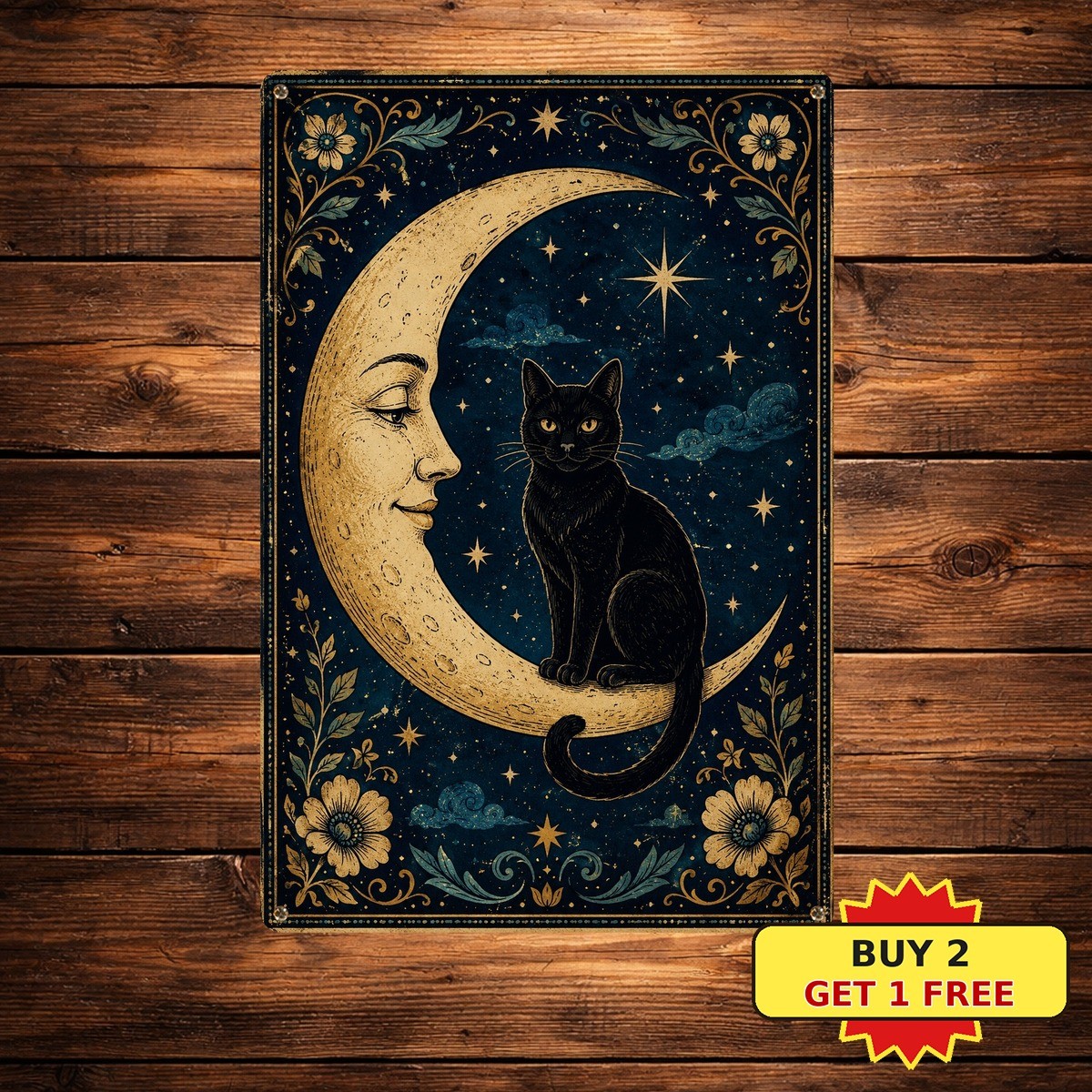 Whimsical Black Cat Moonlit Night Round Faux Frame Art Metal Tin Sign 8×12