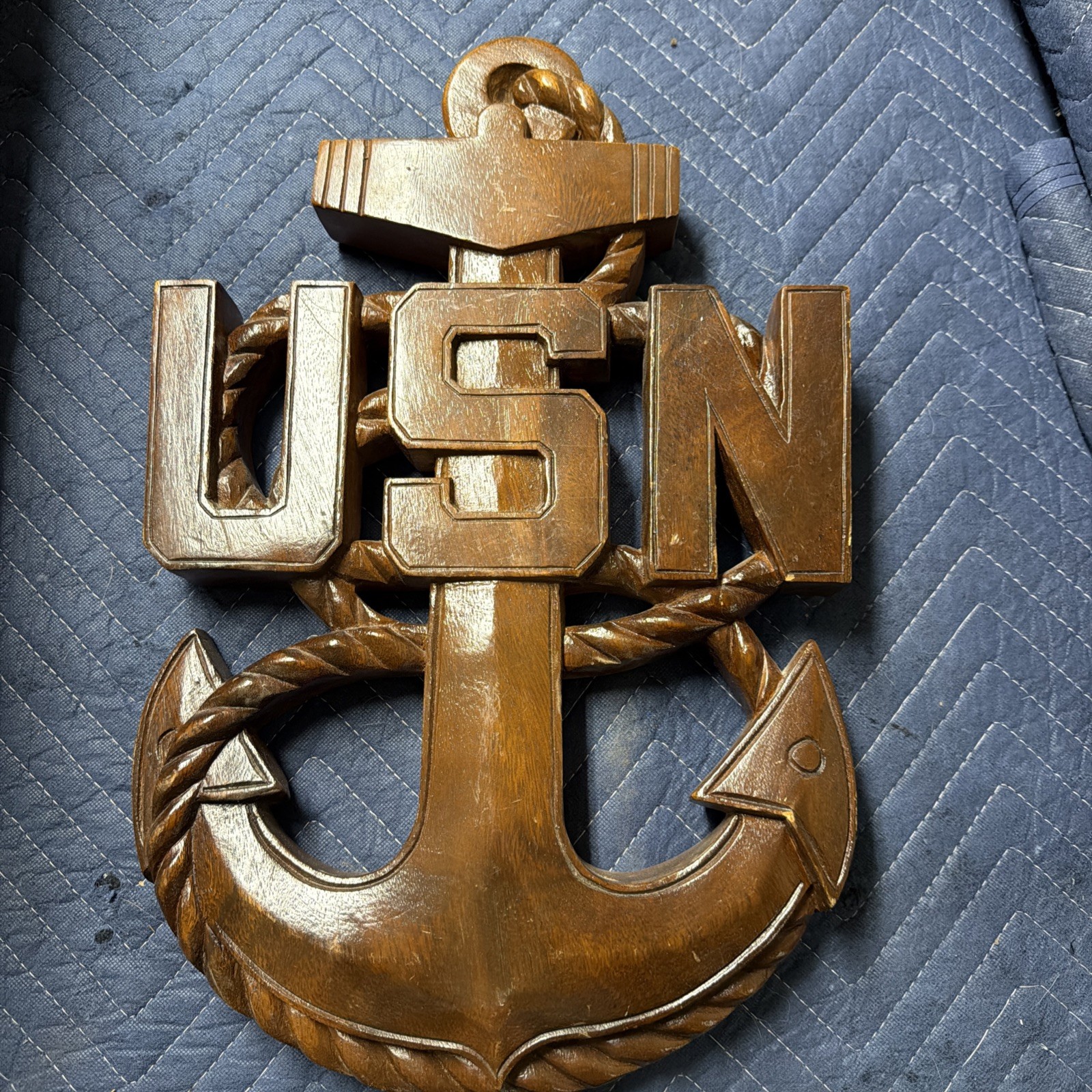 Vintage Mahogany 14 In. Handcarved Wood US Navy Chief Wall Decor Hanging Plaque