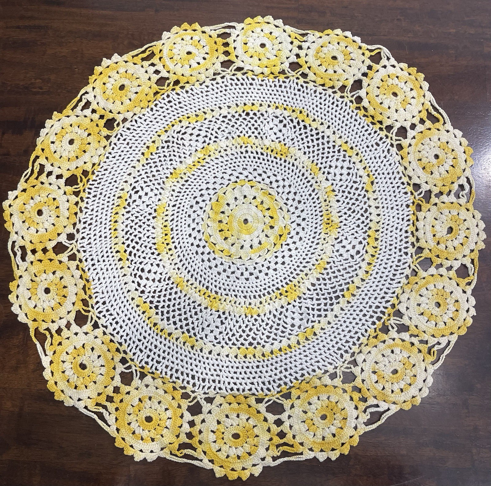 Vintage Hand Crochet Yellow White Large 21” Table Doily Flower
