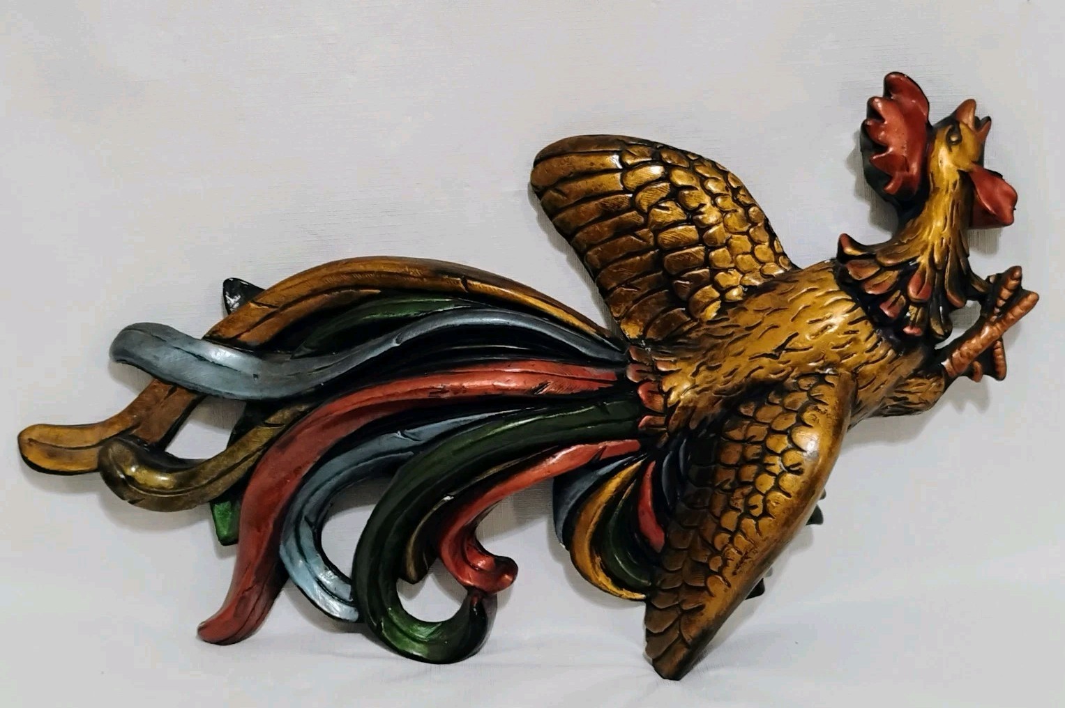 Vintage MCM Chalkware Fighting Rooster Colorful Wall Decor
