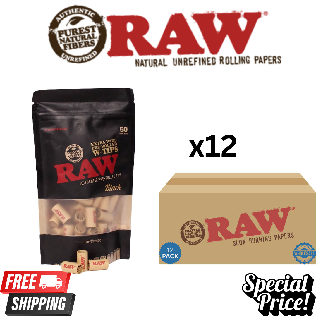 RAW Black Extra Wide Pre-Rolled Filter Tips 50ct Bag 10mm Lot 12 Bulk Wholesale