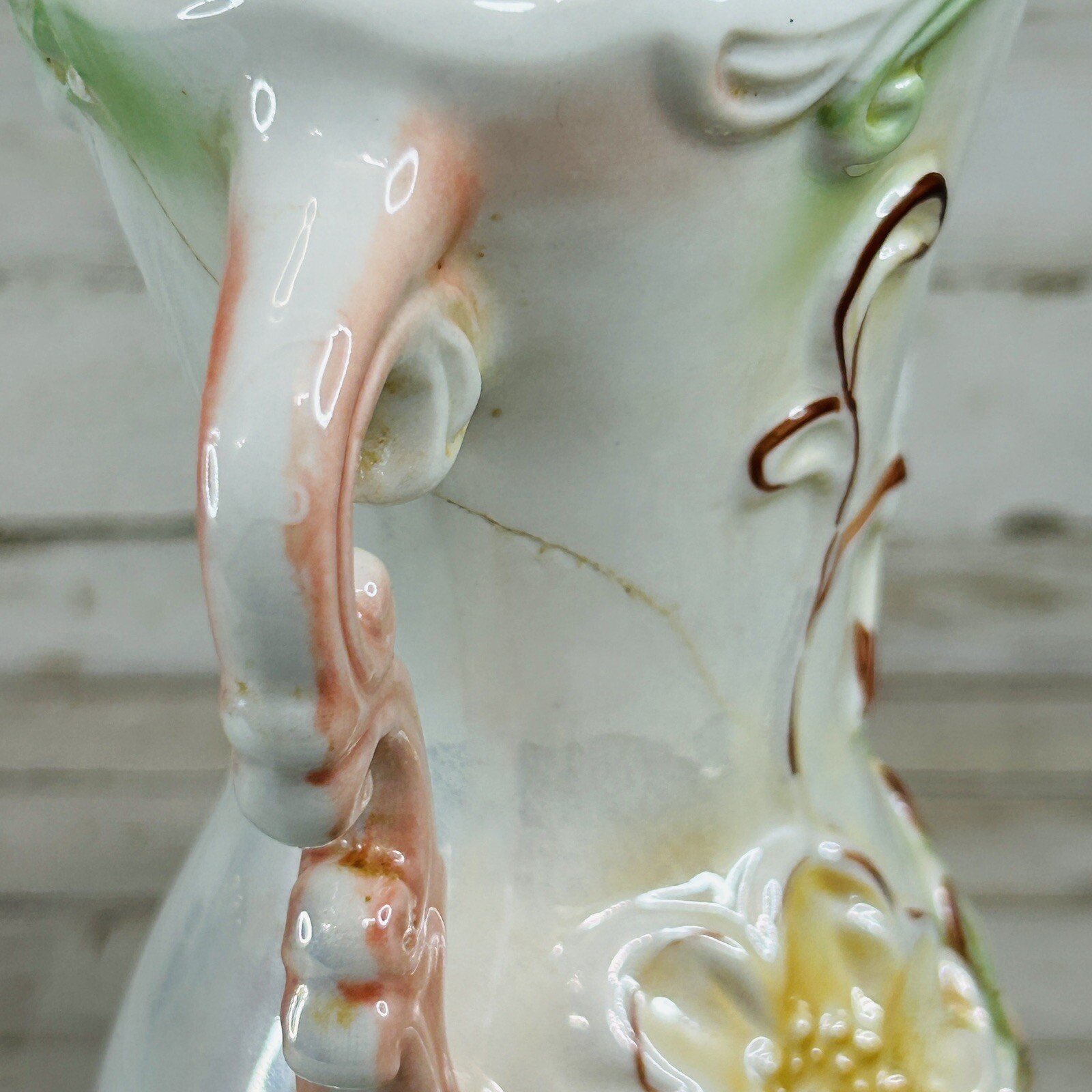 Vintage 8” Lusterware Double Handled Vase Pink Green Relief Made In Brazil #1925