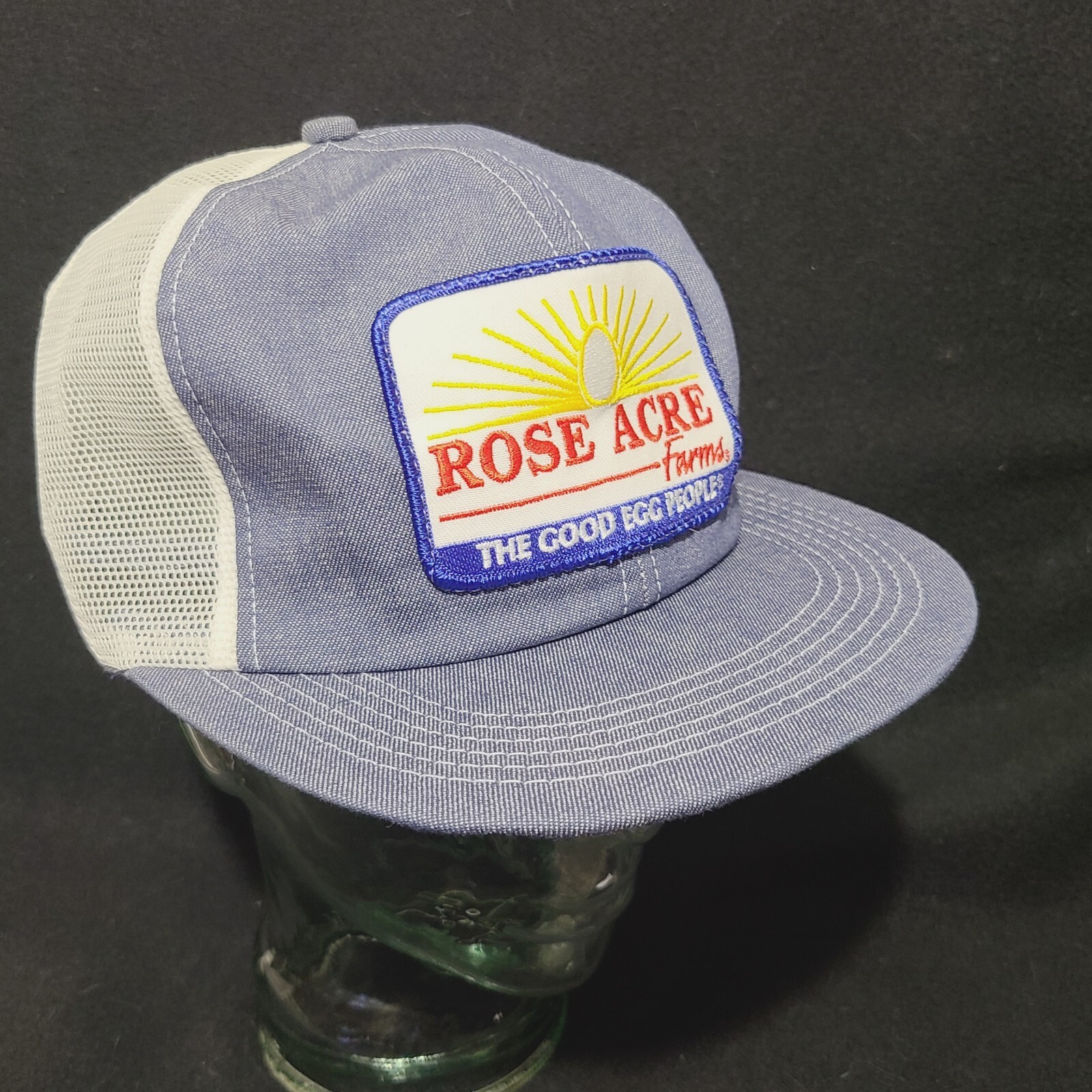 ROSE ACRE Farms Good Egg People Trucker Denim Mesh CAP HAT VTG USA K-Products