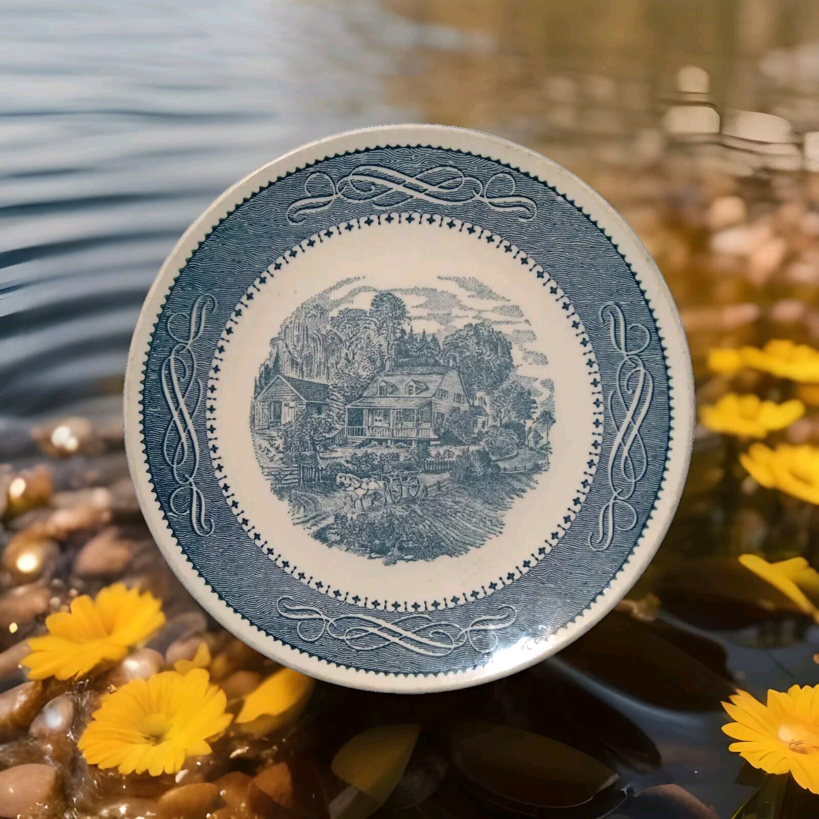 Currier Ives Taylor, Smith & Taylor Dinner Plate Blue Scene 10 3/8″ Ironstone