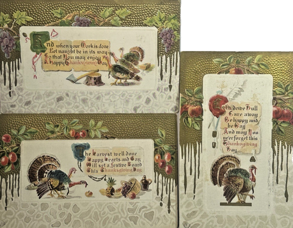 Thanksgiving Postcard Turkey Motto Gold Paint Drip Fruit Border Lot 3