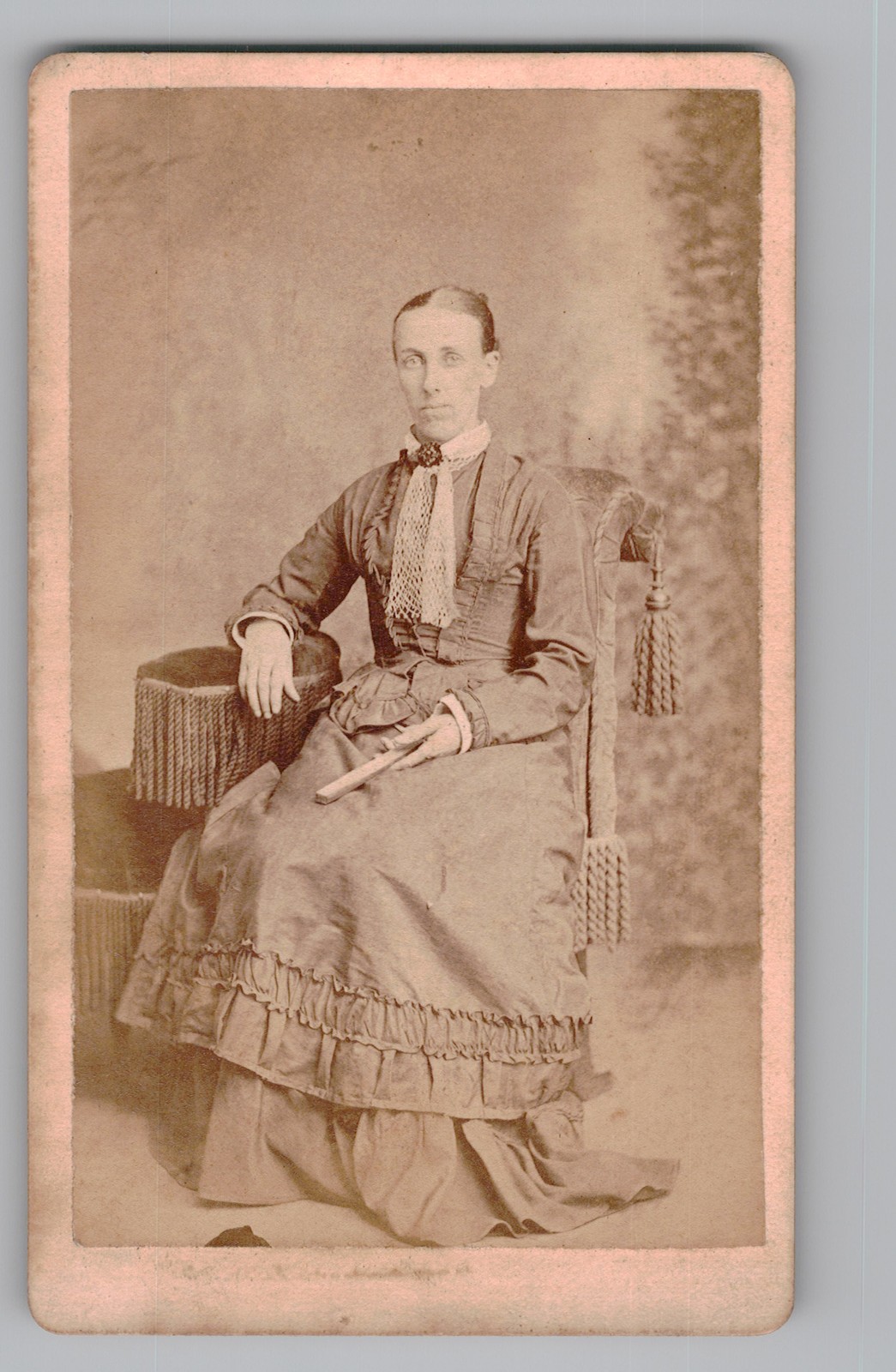 Antique CDV Gorgeous Lady in Victorian Ruffle Dress Holding Fan Unmarked