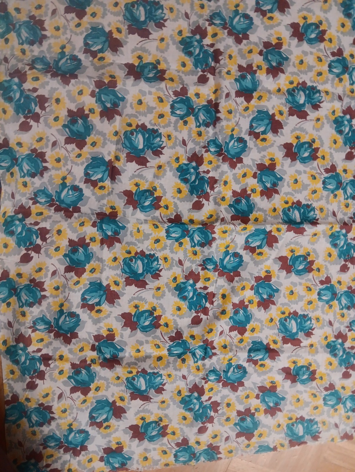 Cotton Feedsack Fabric 26″ x 29” Blue Yellow Brown Flowers On Grey And White