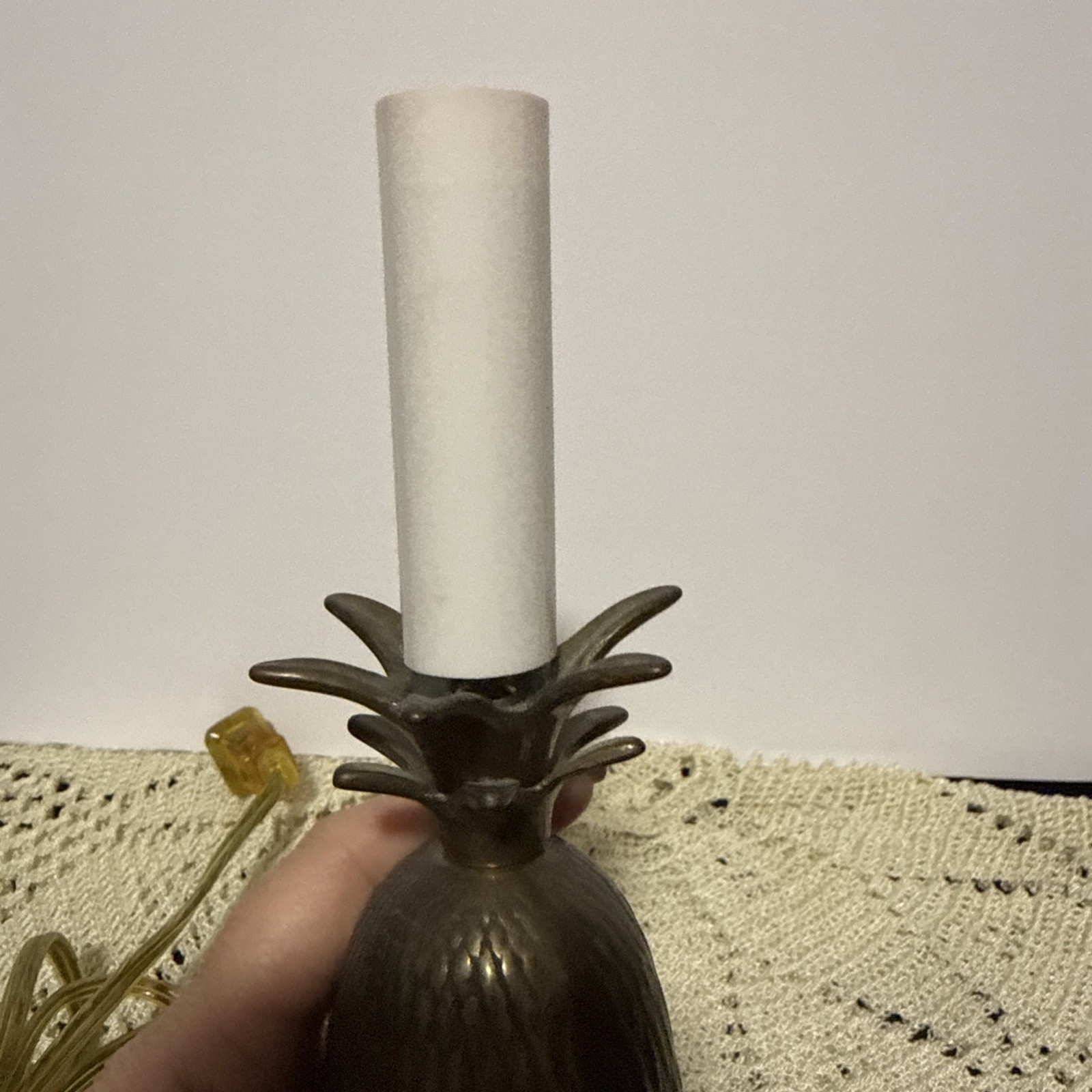 Vtg Solid Brass Pineapple Candlestick Lamp Night Light Colonial W Beaded Shade