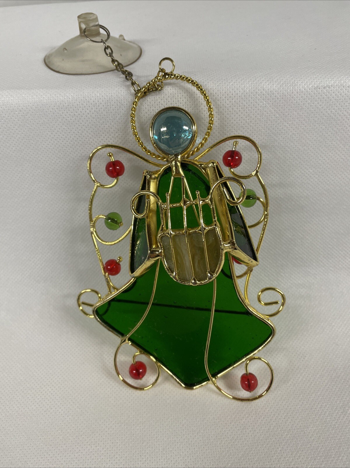 Stained Glass Christmas Angel Ornament / Sun Catcher 6” with Harp Green Red