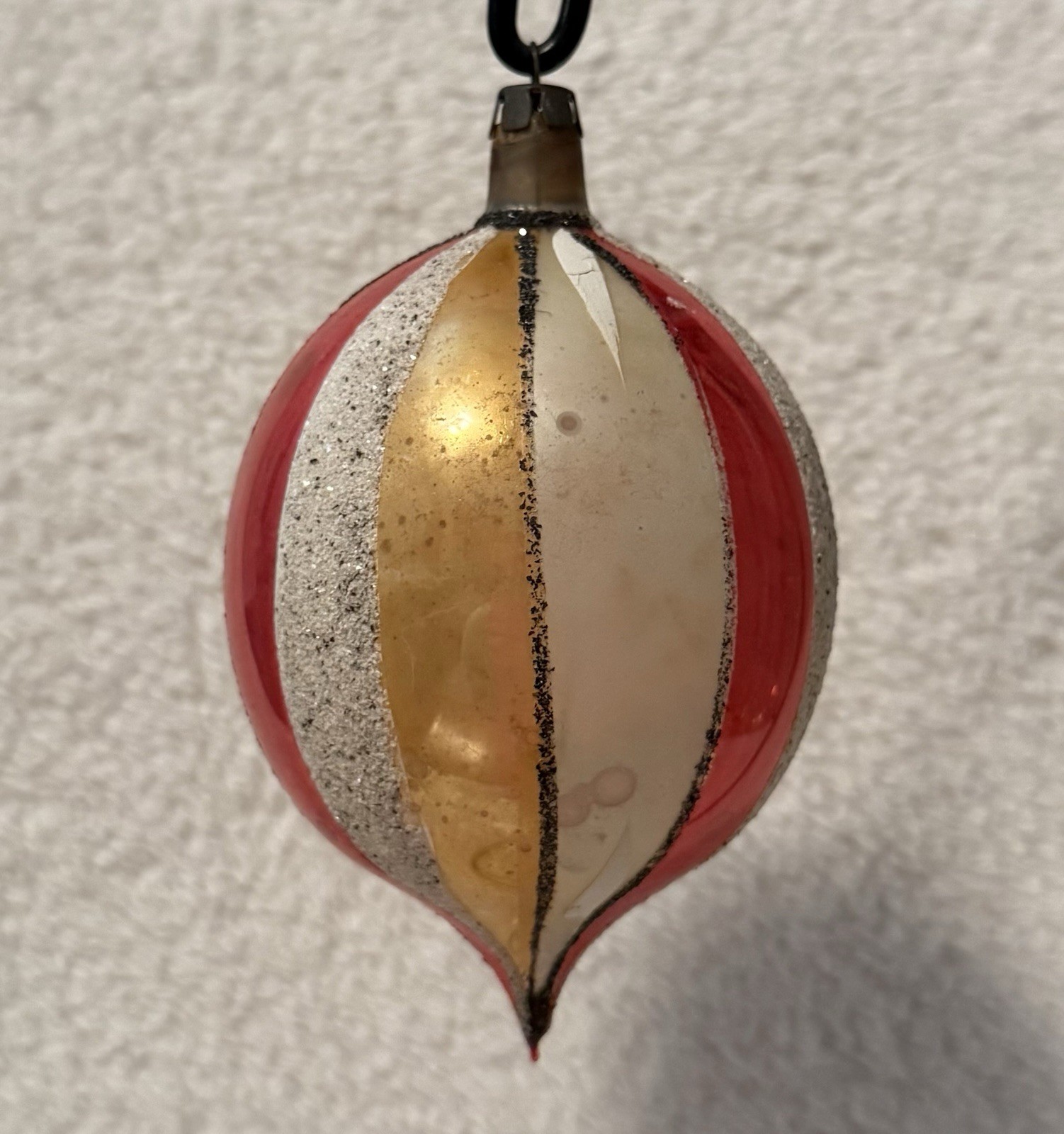 Vintage Jumbo Mica Glass Striped Teardrop Polish Christmas Ornament 5”
