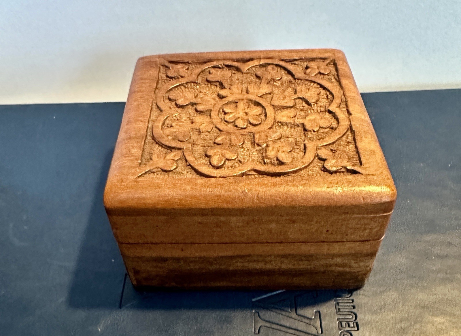 Archana Crafts India Box Wooden with Hinged Lid 3x3x1.75” Engraved Design On Lid