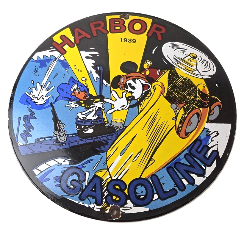 Vintage Harbor Gasoline Sign – Mickey Gas Pump Motor Oil Porcelain Sign