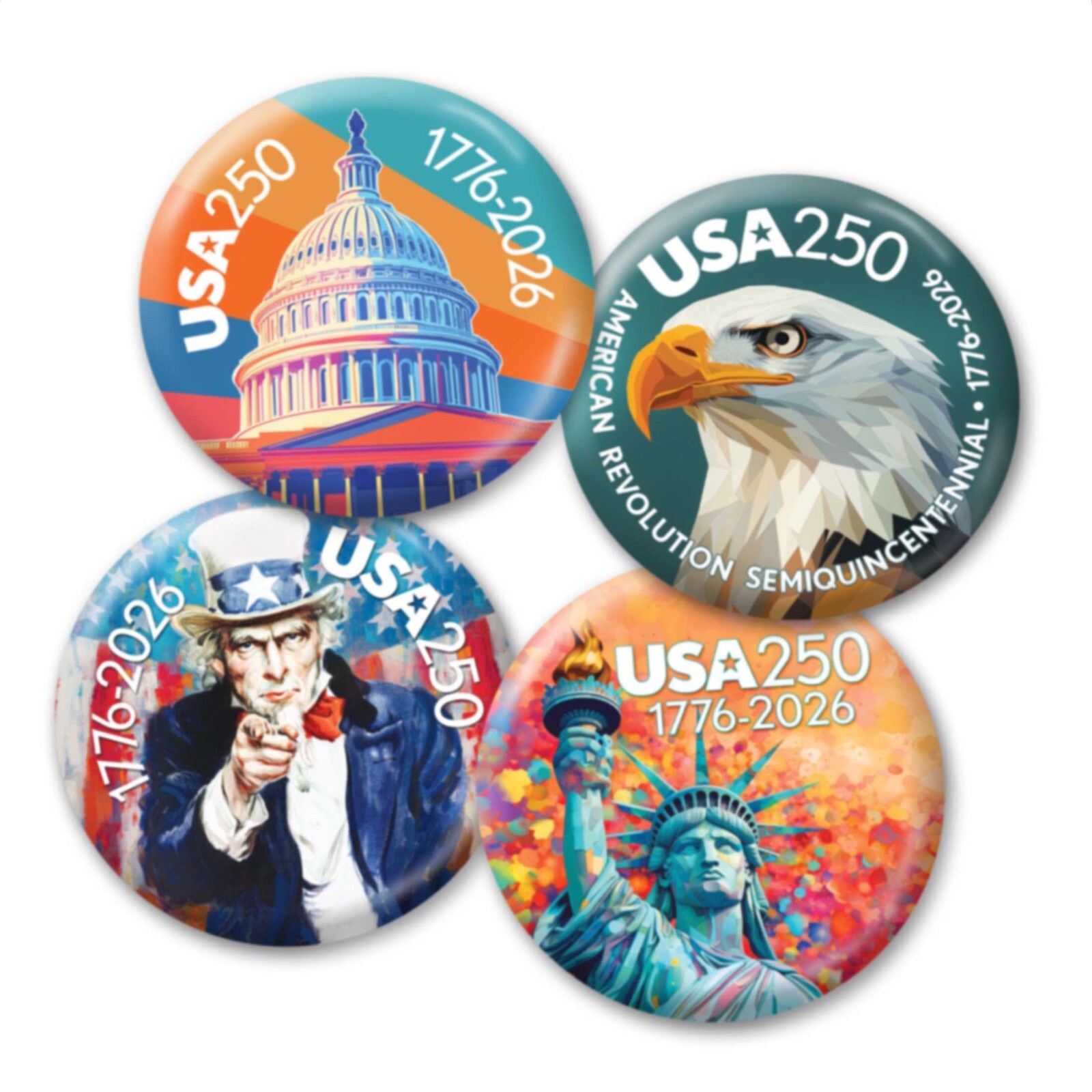 USA 250 – Colorful 4PK Buttons: Uncle Sam Eagle Capital Liberty 1776-2026 250th