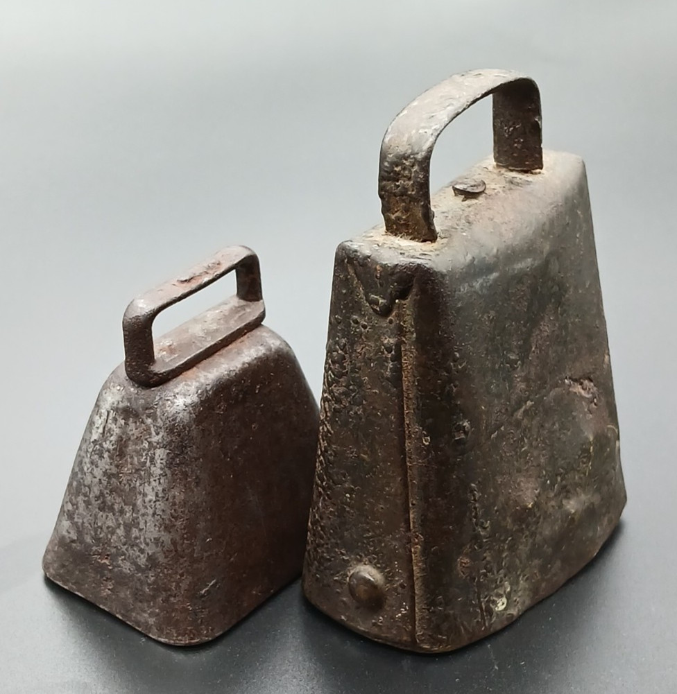 Antique Hand Forged folded rivited 1800s Cow bell & Vtg. Small cow bell set of 2