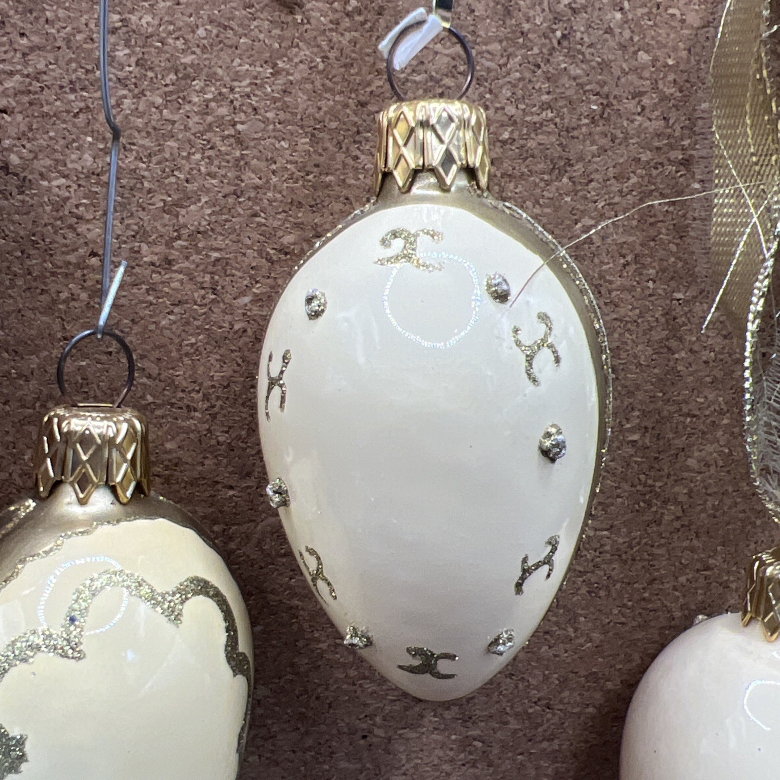 6 Vintage Christmas Easter Ornaments Egg Shaped Poland Glitter Rhinestones