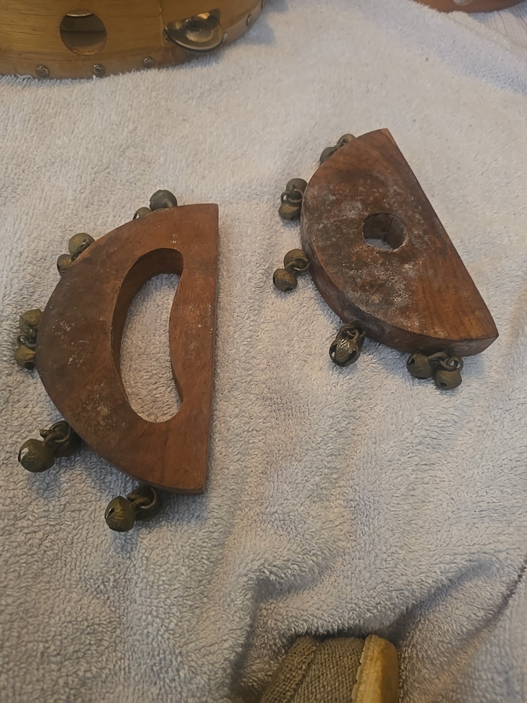 Vintage Hand Carved Wood / Brass Jingle Bell Shakers Archana Crafts India